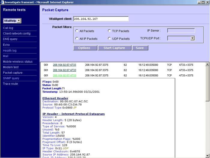 VitalHelp Remote Test: Packet Capture